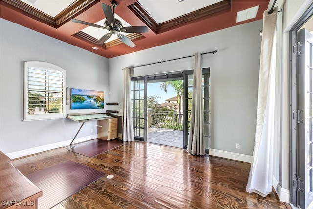 foyer entrance featuring ceiling fan, beam ceiling, dark hardwood / wood-style floors, coffered ceiling, and ornamental molding