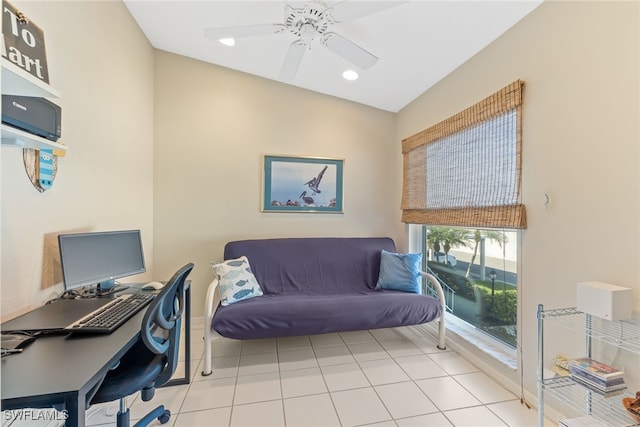 tiled office featuring ceiling fan