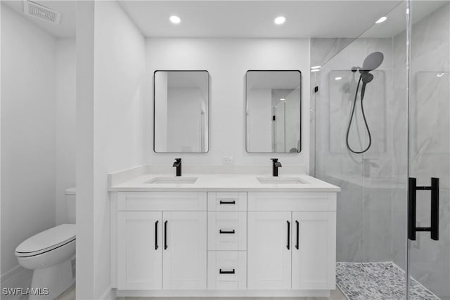 bathroom with vanity, toilet, and walk in shower