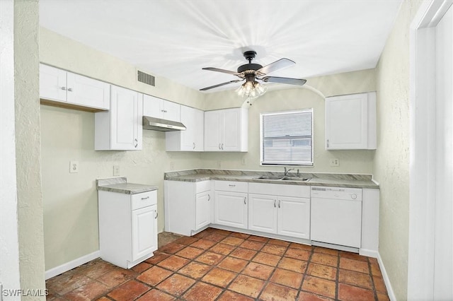 kitchen with visible vents, under cabinet range hood, white dishwasher, a ceiling fan, and a sink