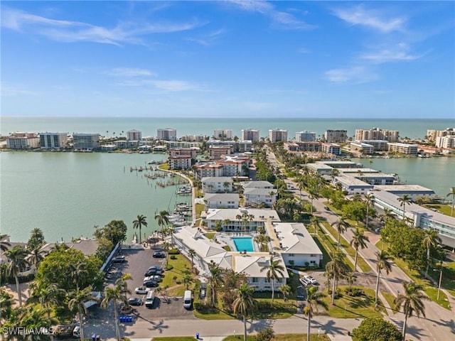 drone / aerial view featuring a water view