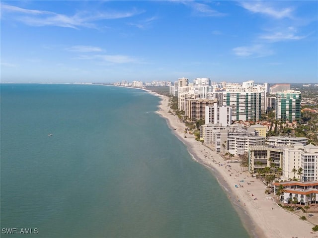 birds eye view of property featuring a view of the beach and a water view