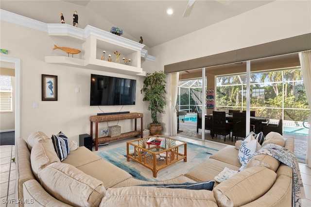 tiled living room with vaulted ceiling