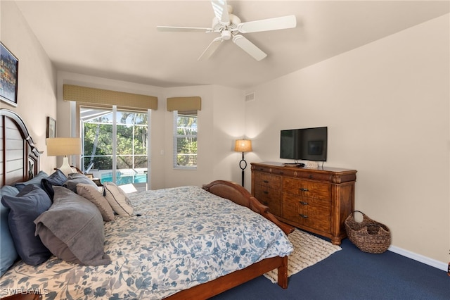 bedroom with access to exterior and ceiling fan