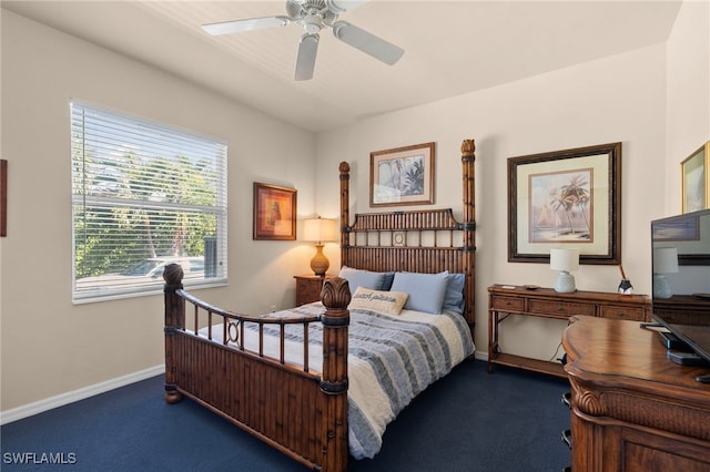 carpeted bedroom with ceiling fan