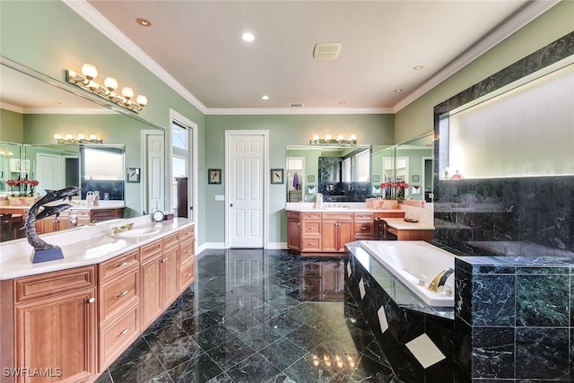 4200 Sanctuary Way, Bonita Springs, FL 34134 - full bathroom featuring a bath, two vanities, crown molding, and recessed lighting