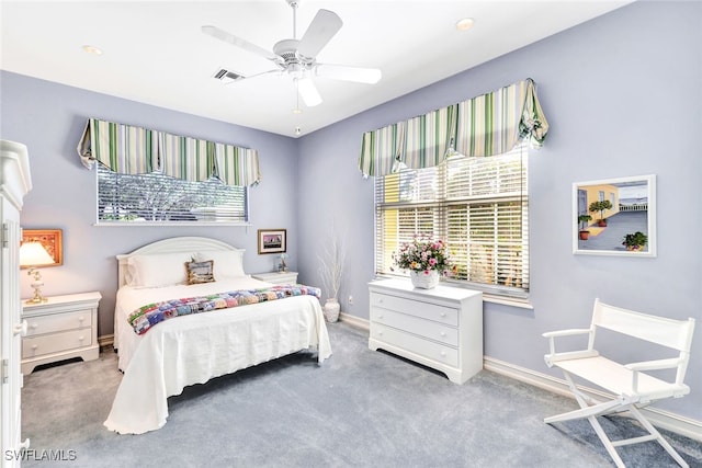 bedroom featuring ceiling fan and carpet flooring