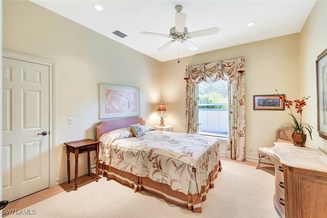 carpeted bedroom featuring ceiling fan