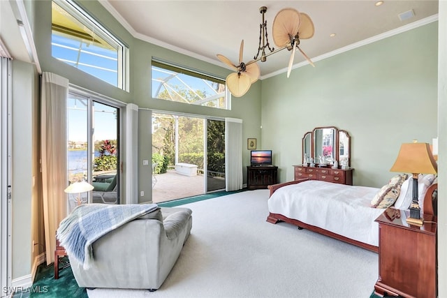 4200 Sanctuary Way, Bonita Springs, FL 34134 - bedroom with access to outside, carpet, crown molding, a chandelier, and a high ceiling