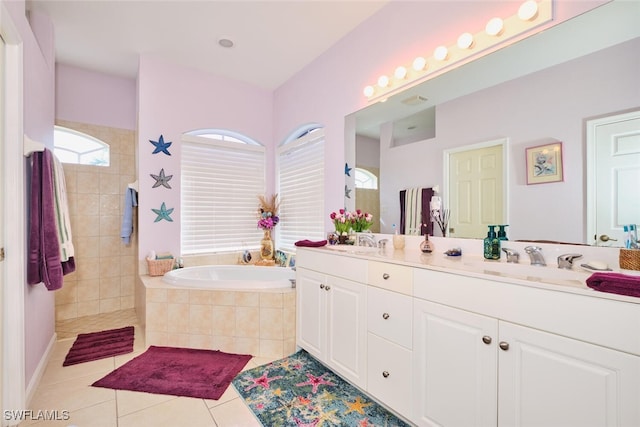 bathroom with vanity, tile patterned flooring, and independent shower and bath