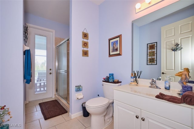 bathroom with an enclosed shower, vanity, tile patterned floors, and toilet