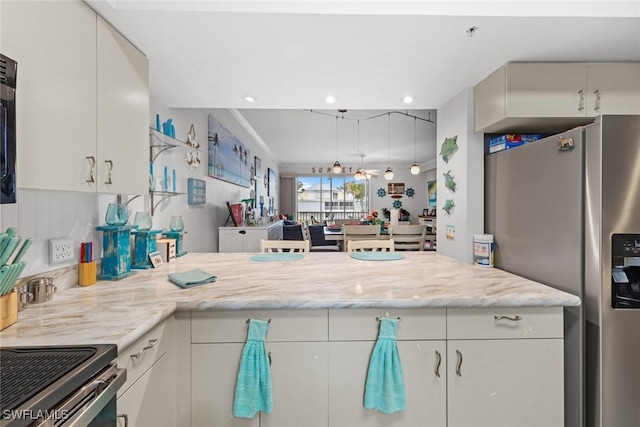 kitchen with stainless steel refrigerator with ice dispenser, white cabinetry, crown molding, and light stone countertops