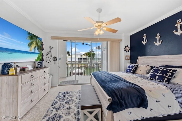 bedroom featuring ornamental molding, light colored carpet, ceiling fan, and access to exterior