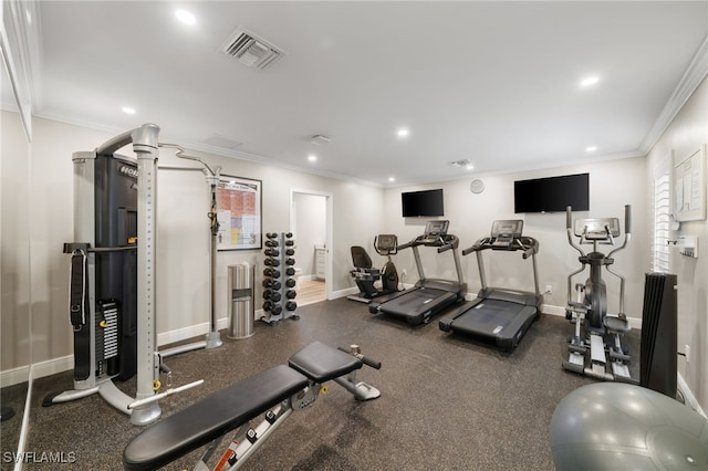 exercise room with crown molding