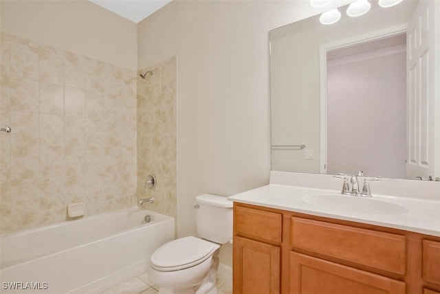 full bathroom with vanity, tile patterned flooring, tiled shower / bath combo, and toilet