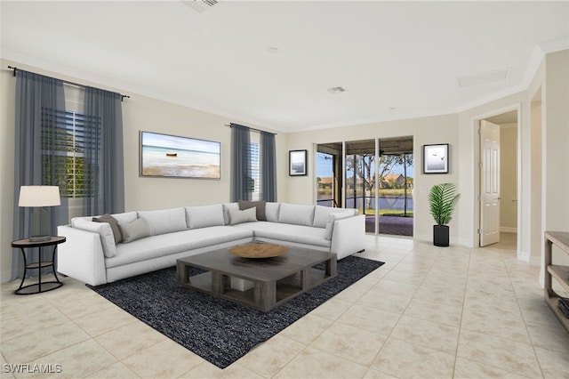 living room featuring ornamental molding and light tile patterned flooring