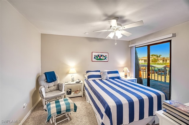 bedroom featuring carpet, ceiling fan, and access to exterior