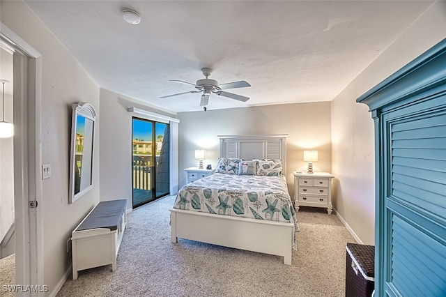 bedroom with access to outside, ceiling fan, and light colored carpet