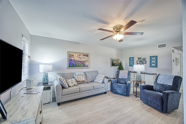 living room featuring ceiling fan and light hardwood / wood-style flooring