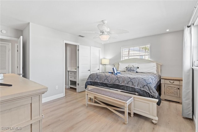 bedroom with a ceiling fan, baseboards, visible vents, light wood-style flooring, and recessed lighting