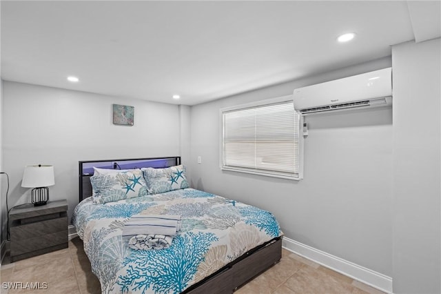 tiled bedroom featuring a wall mounted AC