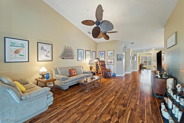 living room featuring high vaulted ceiling, hardwood / wood-style floors, and ceiling fan