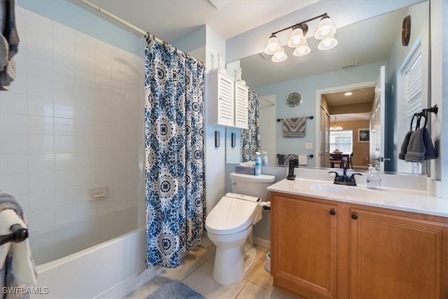 full bathroom with toilet, shower / tub combo, tile patterned flooring, and vanity