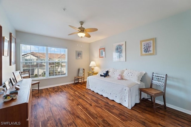 bedroom featuring dark wood-type flooring and ceiling fan