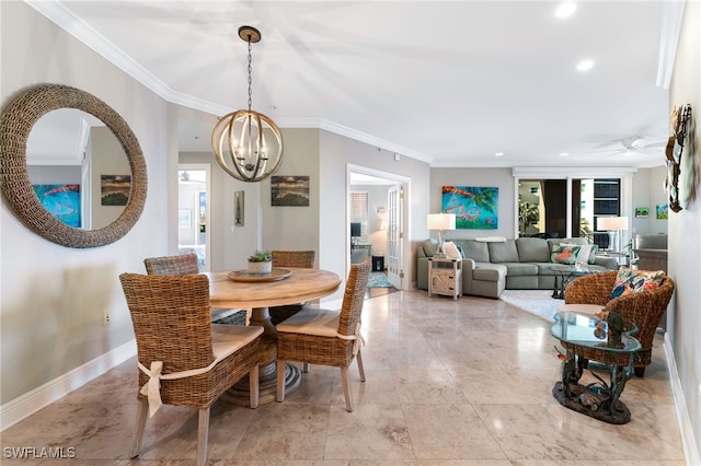 dining space with ceiling fan with notable chandelier and crown molding