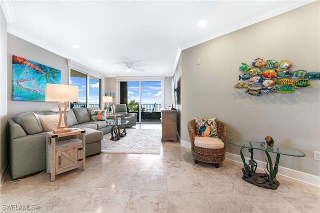 living room featuring expansive windows, crown molding, and ceiling fan