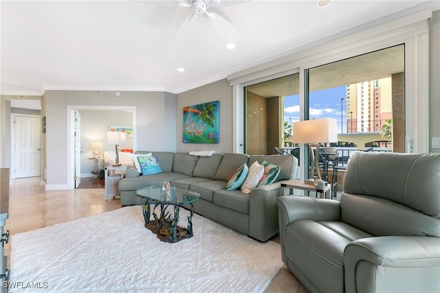 tiled living room with crown molding and ceiling fan