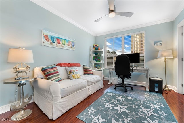 office with ceiling fan, crown molding, and dark wood-type flooring