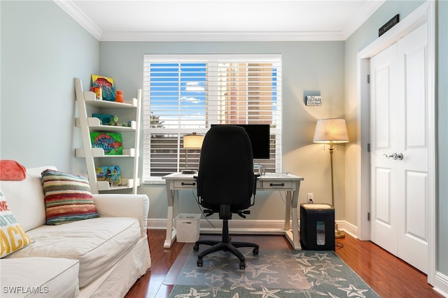 office space with dark hardwood / wood-style flooring and crown molding