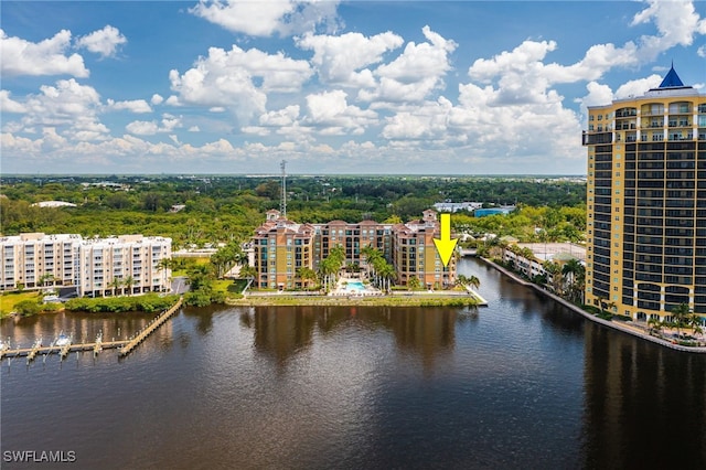 bird's eye view with a water view