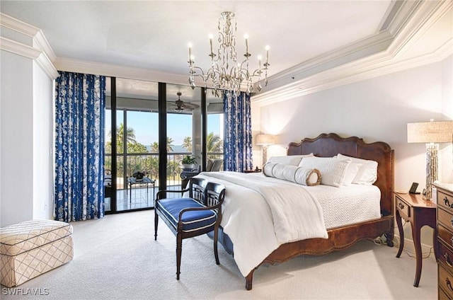 bedroom featuring a notable chandelier, light carpet, access to outside, and crown molding