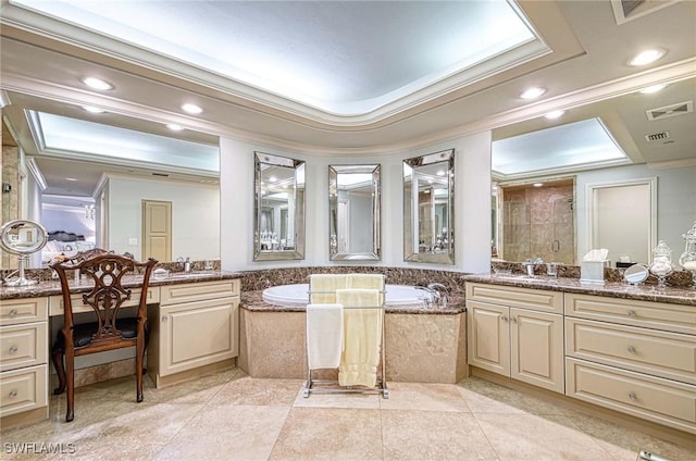 bathroom featuring a raised ceiling, crown molding, tile patterned floors, separate shower and tub, and vanity