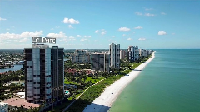 bird's eye view with a view of the beach and a water view