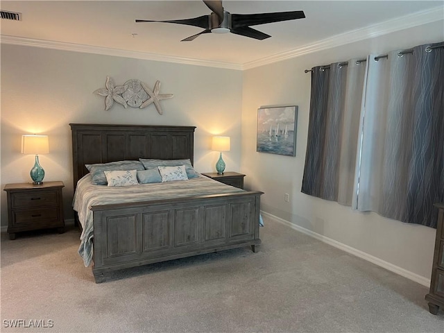 bedroom featuring ceiling fan, ornamental molding, and light carpet