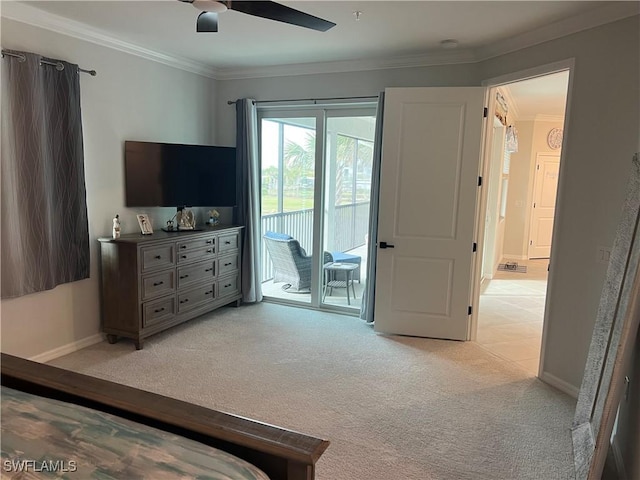 bedroom featuring crown molding, light carpet, ceiling fan, access to outside, and baseboards