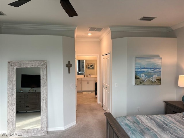 bedroom featuring crown molding, light carpet, sink, ceiling fan, and connected bathroom