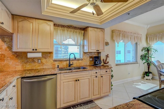 kitchen with sink, stainless steel dishwasher, crown molding, and tasteful backsplash