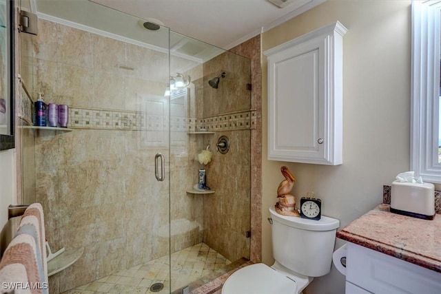 bathroom featuring vanity, walk in shower, toilet, and ornamental molding