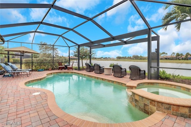 view of swimming pool with a lanai, a patio area, an in ground hot tub, and a water view