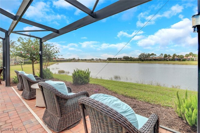 view of patio featuring a water view