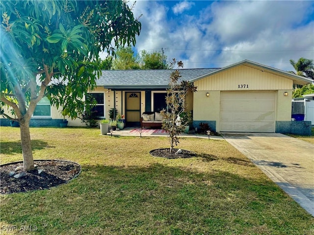 single story home with a garage and a front lawn