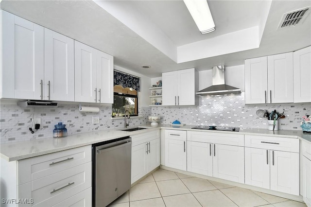 kitchen featuring wall chimney exhaust hood, white cabinetry, decorative backsplash, sink, and stainless steel dishwasher