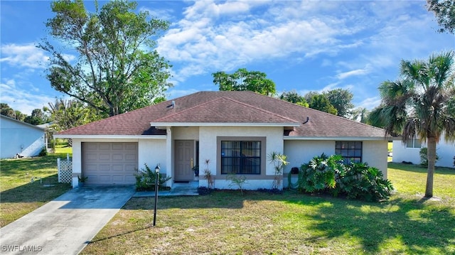 ranch-style house featuring a garage and a front lawn