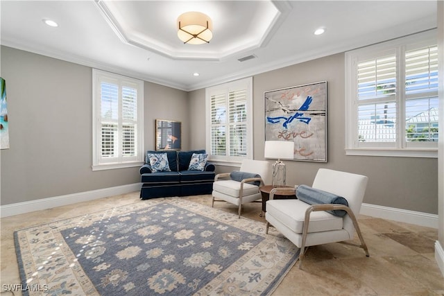 living area featuring a tray ceiling, ornamental molding, and a healthy amount of sunlight