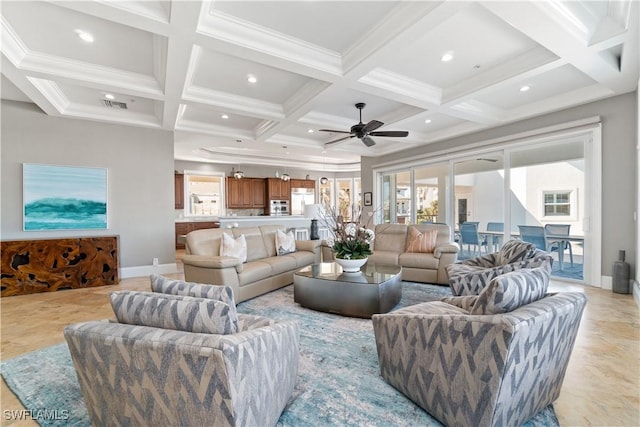 living room featuring ceiling fan, beamed ceiling, crown molding, and coffered ceiling