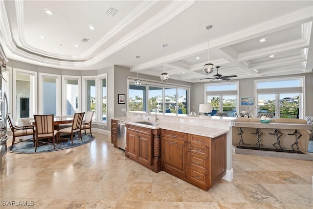 kitchen featuring decorative light fixtures, ceiling fan, stainless steel dishwasher, coffered ceiling, and light stone countertops